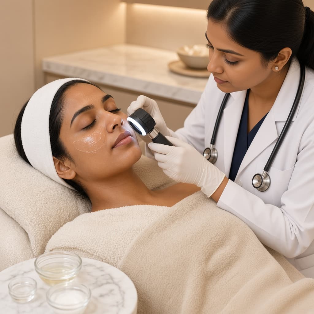 Dermatologist examining skin with a dermatoscope