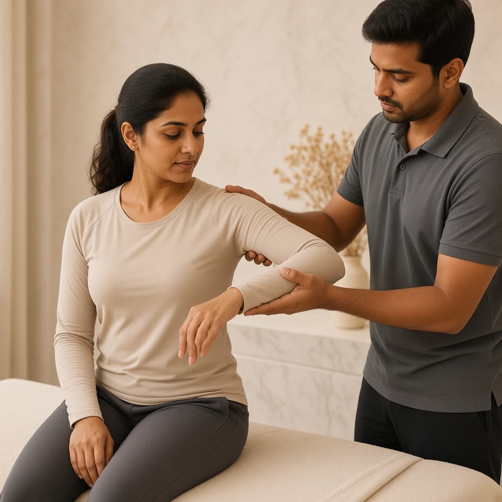 Physiotherapist guiding a recovery stretch